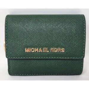Michael Kors Jet Set Travel Green Leather Card Case ID Key Holder Wallet Coin